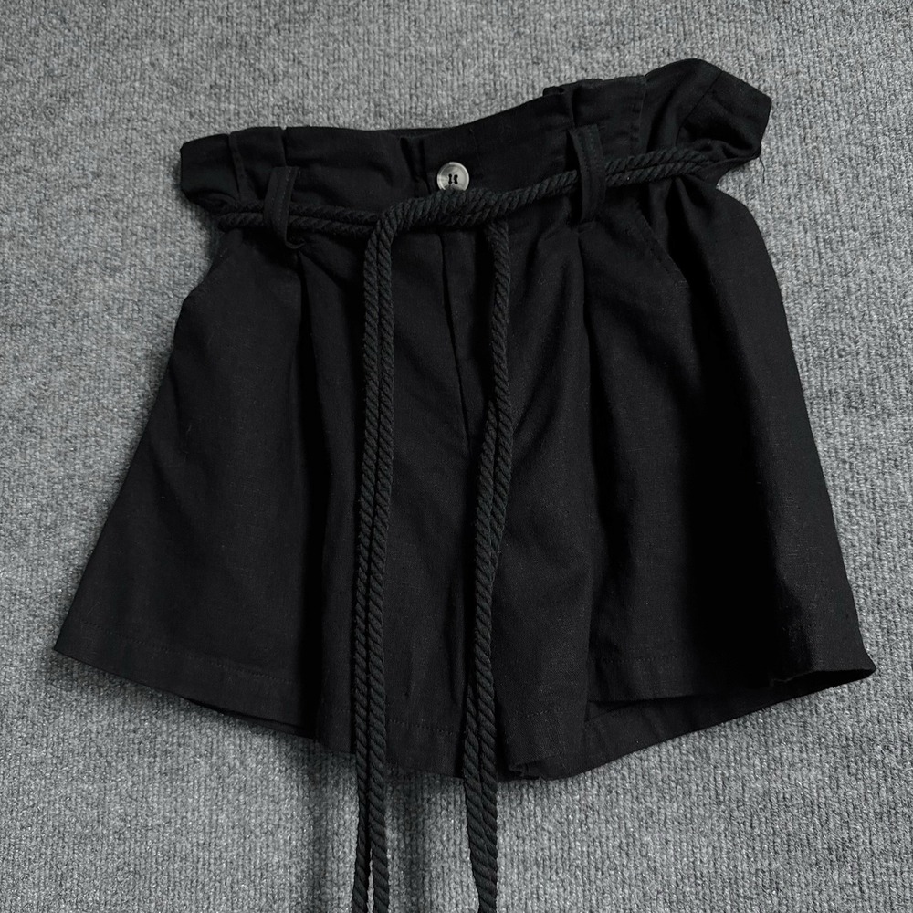 Chocolate USA Womens M Black Linen Blend Paperbag Shorts Rope Belt Coastal Boho
